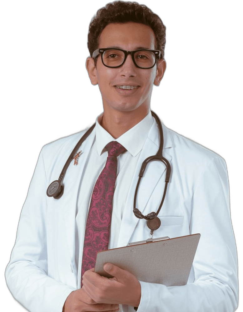 Doctor in a white coat holding a clipboard