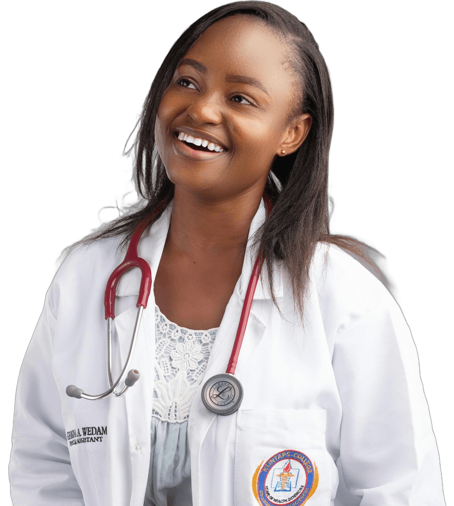 Smiling healthcare professional in a white coat with a stethoscope