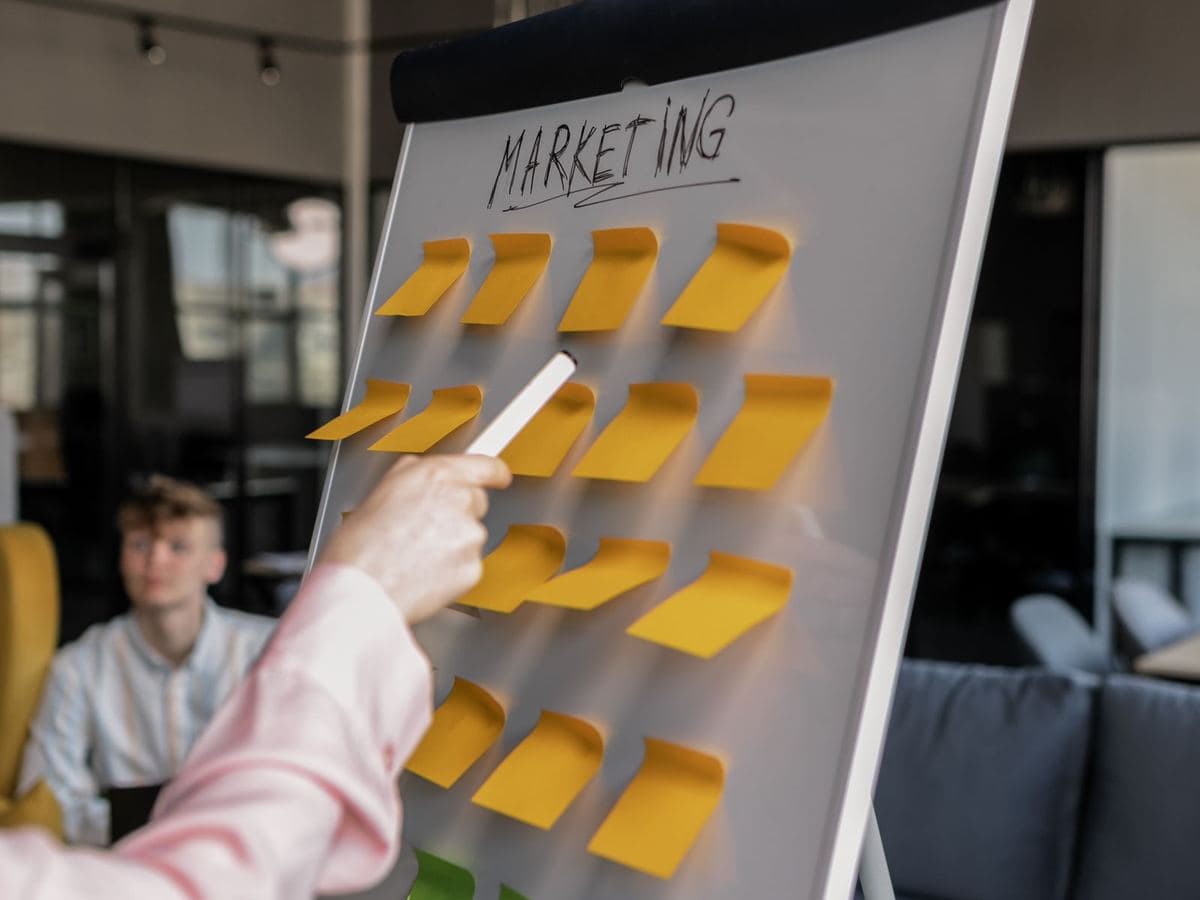 Team planning a marketing strategy with sticky notes on a whiteboard